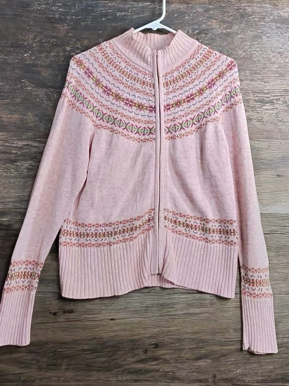 Tiara Pink Fair Isle Zip-Front Crew Sweater